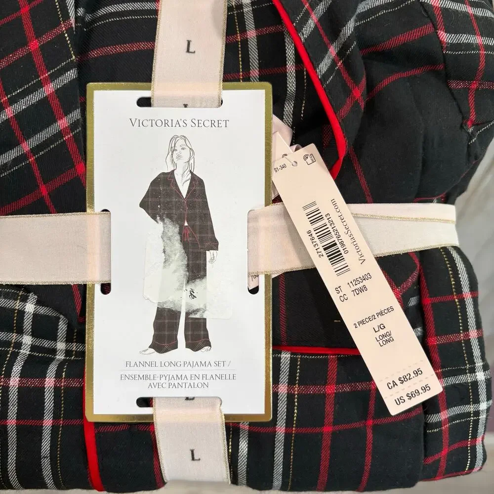 New Victorias Secret 2 Piece Long Sleeve Plaid Flannel Pajama Set Large Long